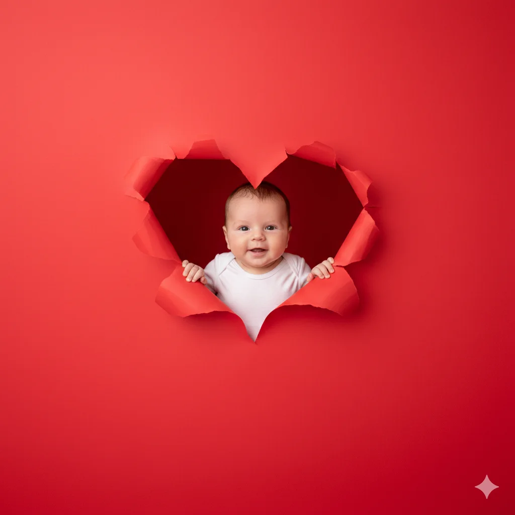 Малыш выглядывает через разорванное отверстие в форме сердца