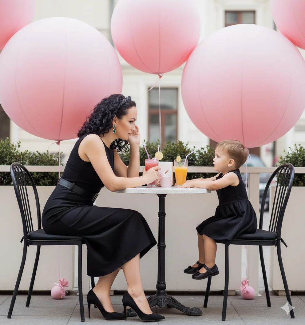 Мама и дочь в чёрных платьях за столиком кафе с розовыми шарами