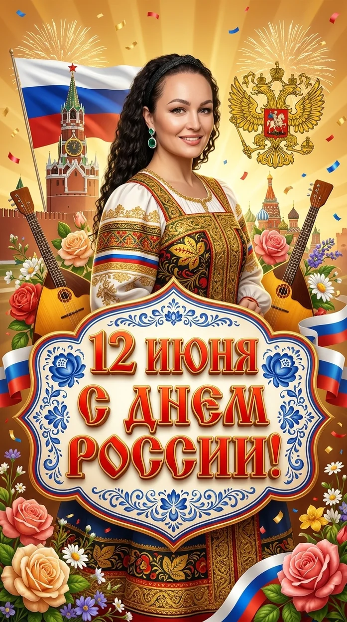  яркий праздничный постер ко Дню России в стиле богатой декоративной открытки
