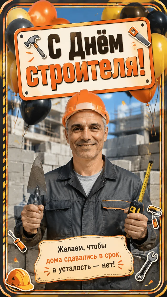 Фотооткрытка с юмором и текстом «С Днём строителя!»