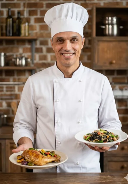 Повар в белом кителе и колпаке на кухне держит две тарелки с блюдами