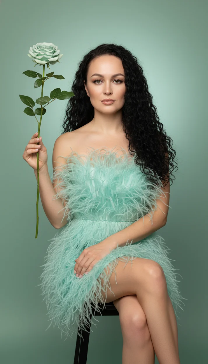 Девушка в мятном пушистом платье в студии на стуле с розой в руке