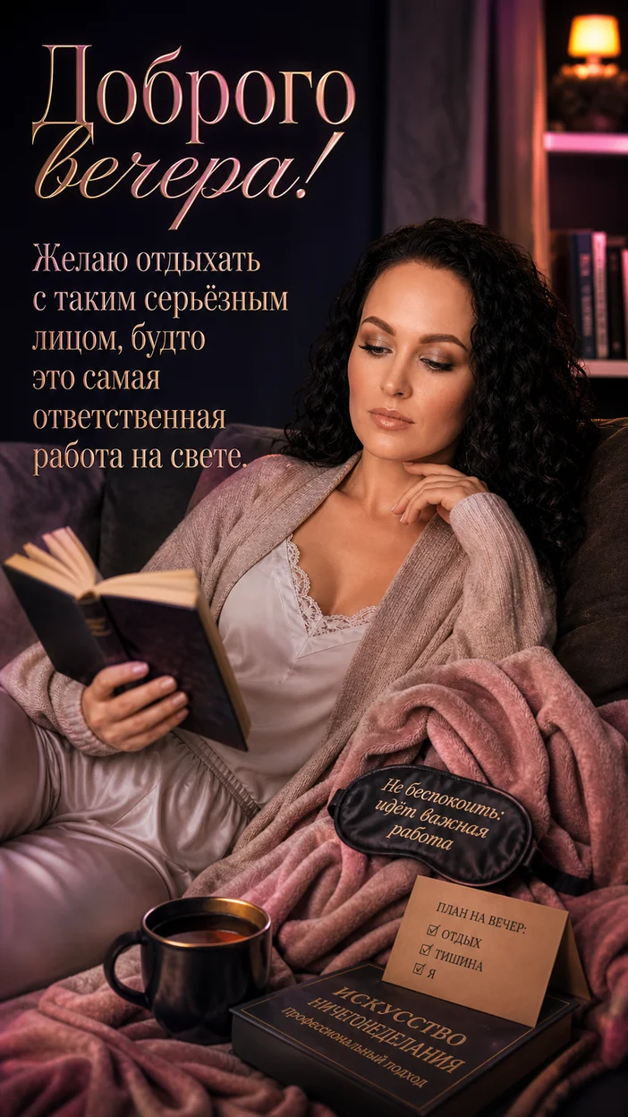 Фотооткрытка для всех с пожеланием "Доброго вечера! Желаю отдыхать с таким серьёзным лицом, будто это самая ответственная работа на свете."
