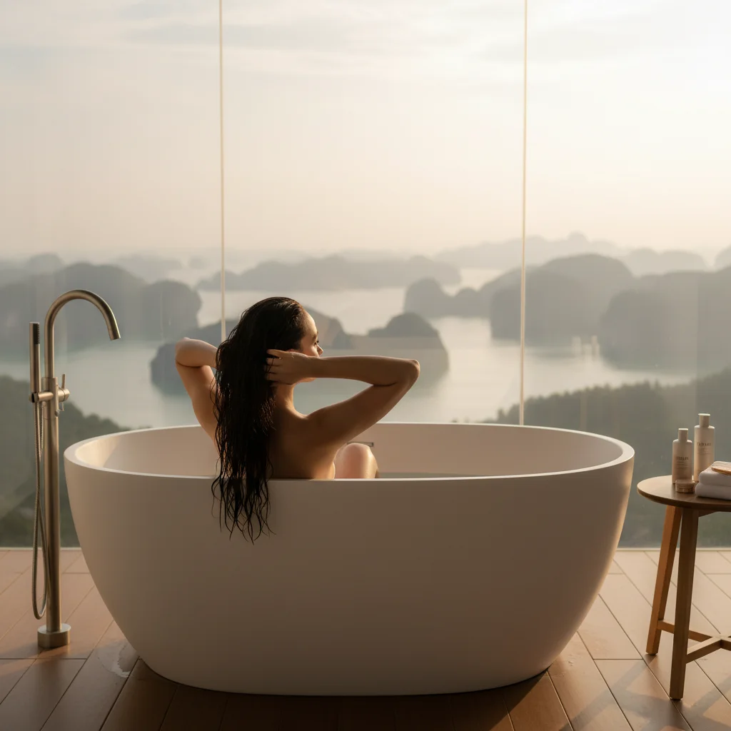  Женщина в белой овальной ванне у панорамного окна с видом на острова