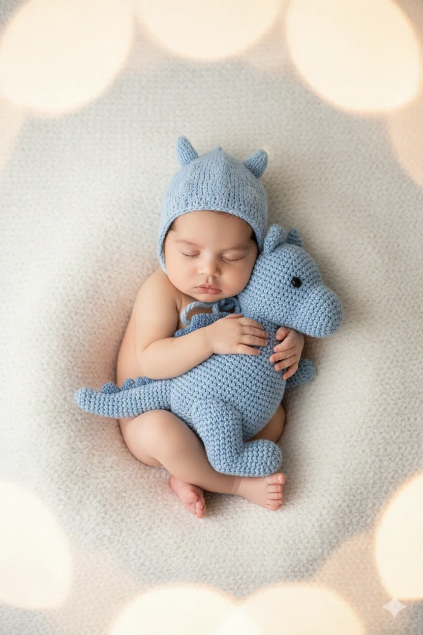 Малыш лежит спит в синей вязаной шапочке с завязками