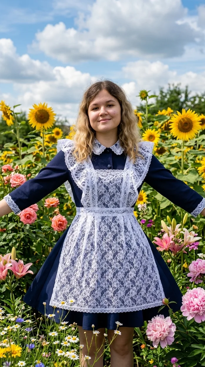  Фотореалистичная яркая floral fashion-съёмка в цветочном саду  в школьной форме 