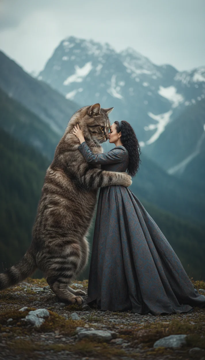  Девушка обнимает гигантского кота в горах