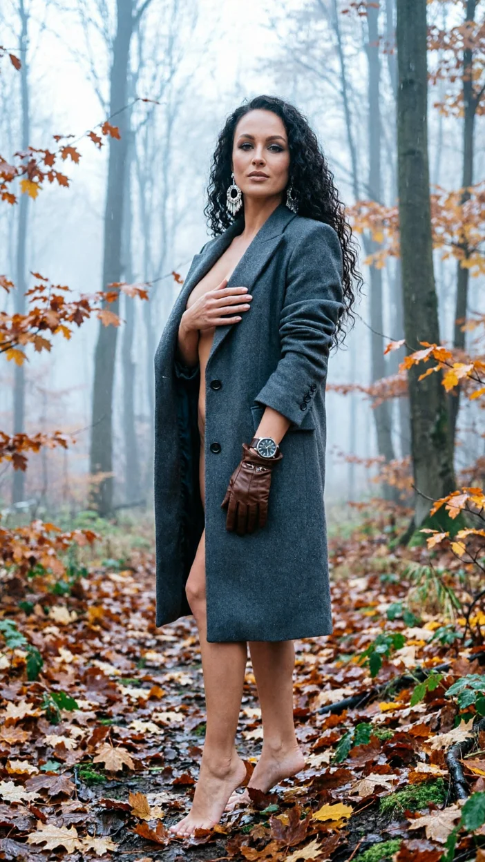 Фотосессия осенний лес — fashion на опавших листьях, модель в объёмном графитовом мужском пиджаке, туман и холодный свет