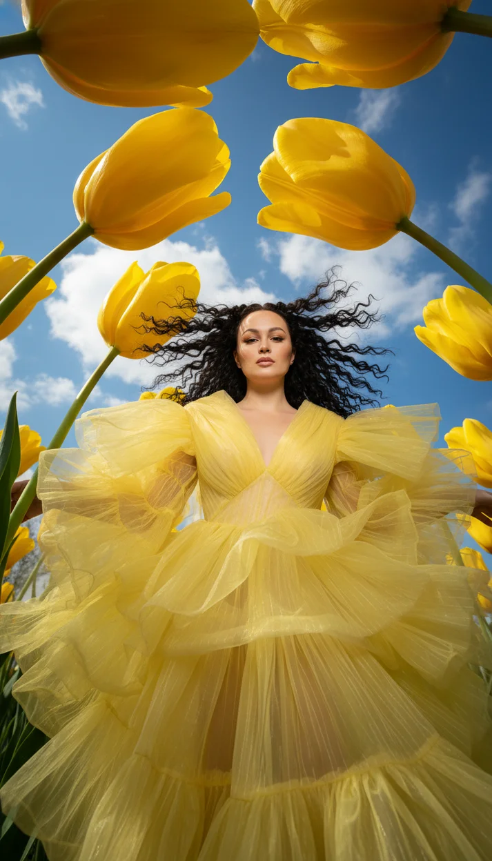 девушка стоит и смотрит в камеру между гигантских желтых тюльпанов