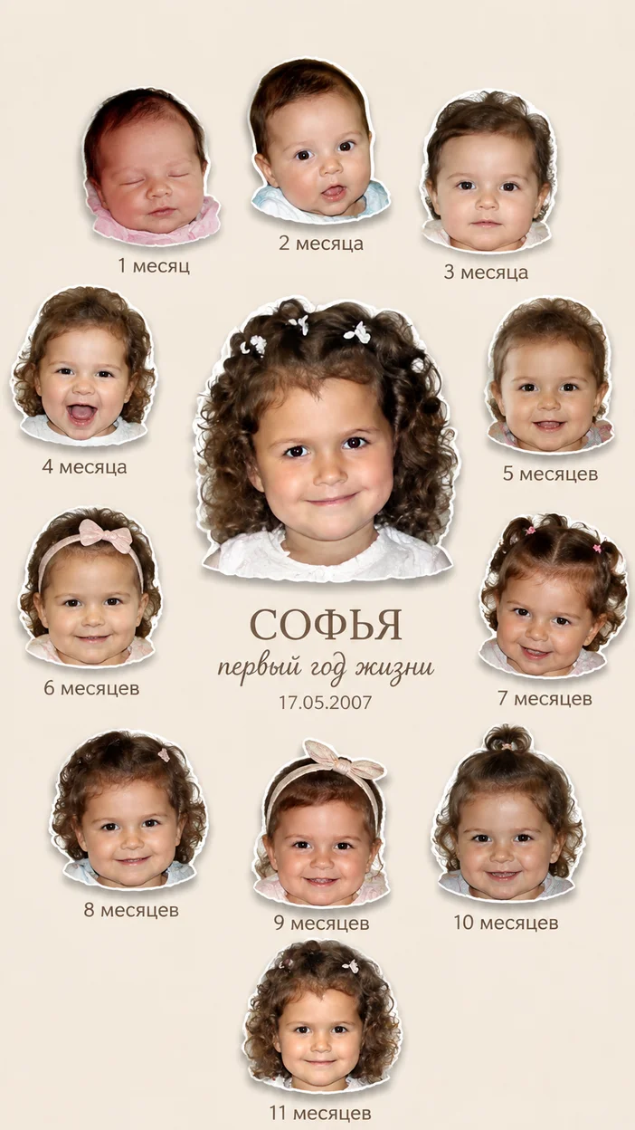  коллаж в стиле семейной фотохроники первого года жизни. 