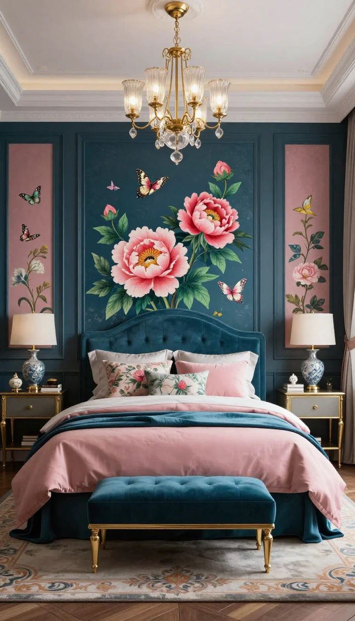 Роскошная спальня с цветочным панно и бархатной мебелью 