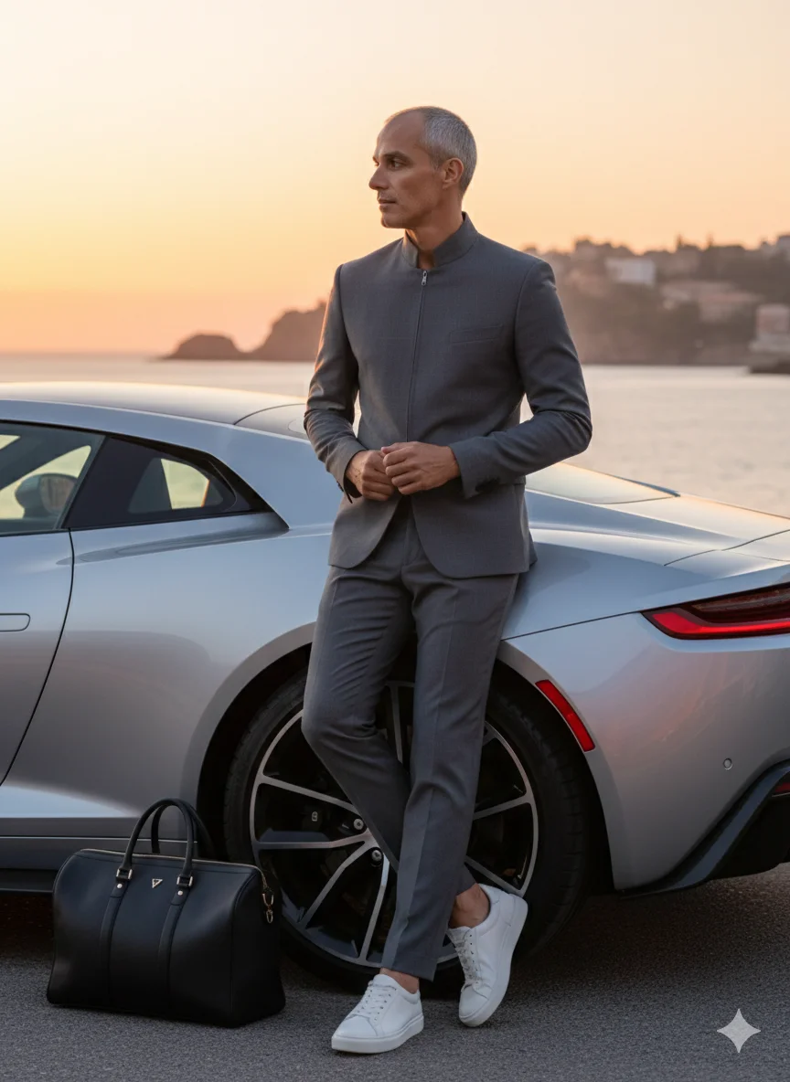 Мужчина у серебристого спорткара в сером костюме