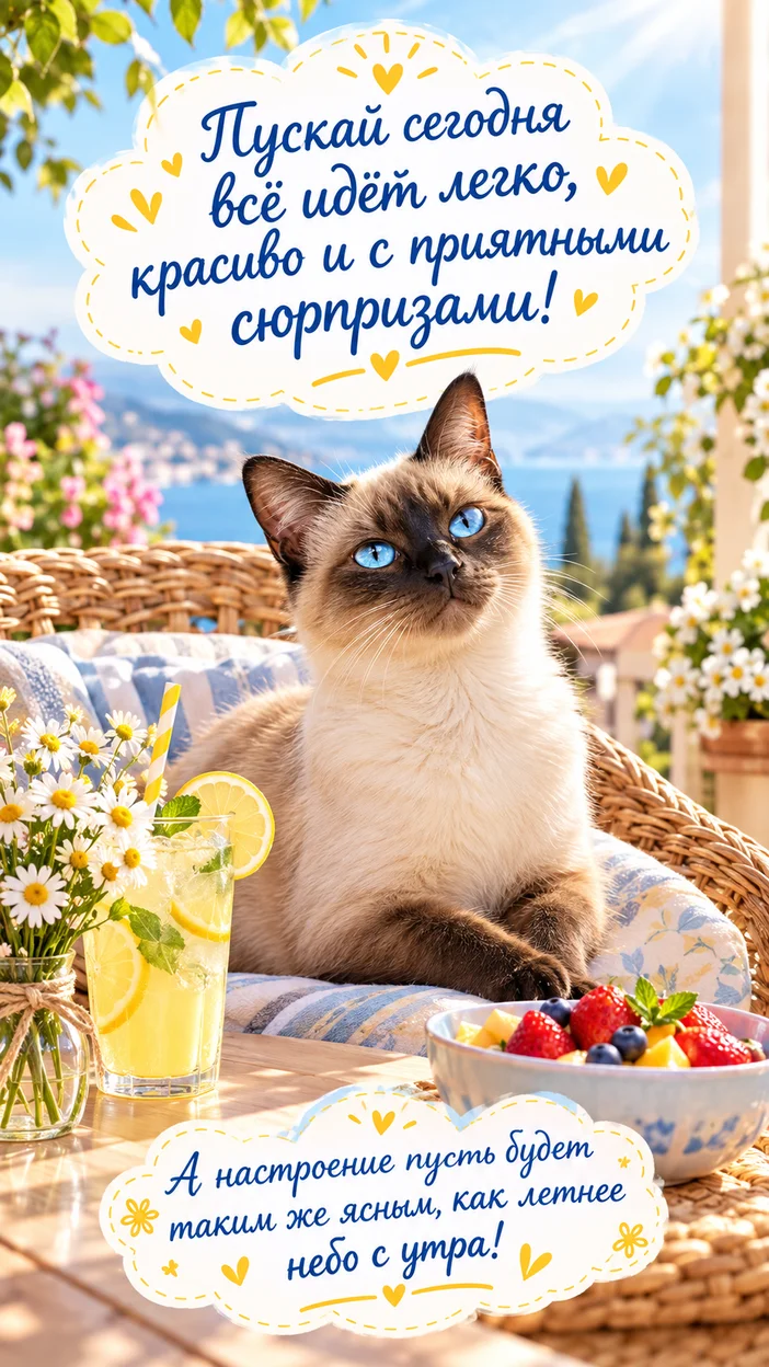 Фотосессия открытки с сиамской кошкой на веранде