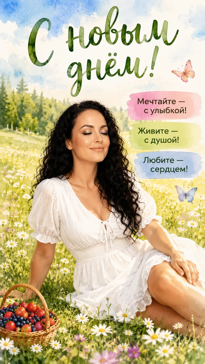 Фотооткрытка для всех с текстом "С новым днём!"