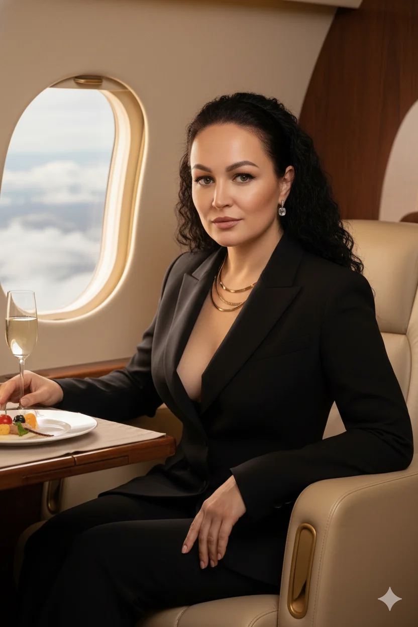 Женщина в роскошном салоне самолёта в чёрном жакете сидит за столиком