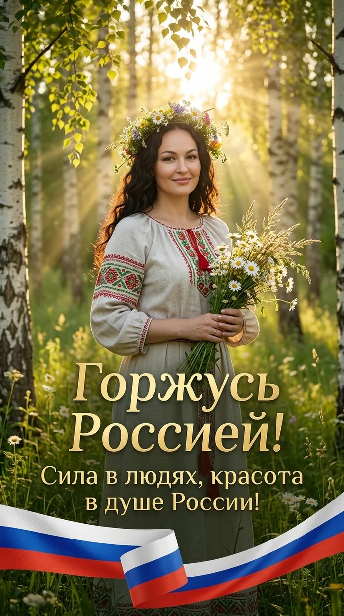 праздничный баннер ко Дню России в стиле солнечного русского березового леса