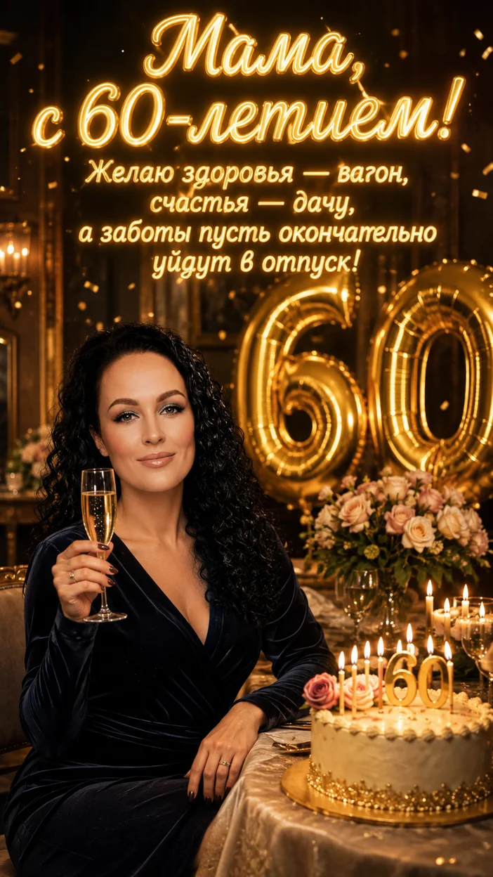 Фотооткрытка маме на 60 лет с поздравлением "Мама, с 60-летием!"