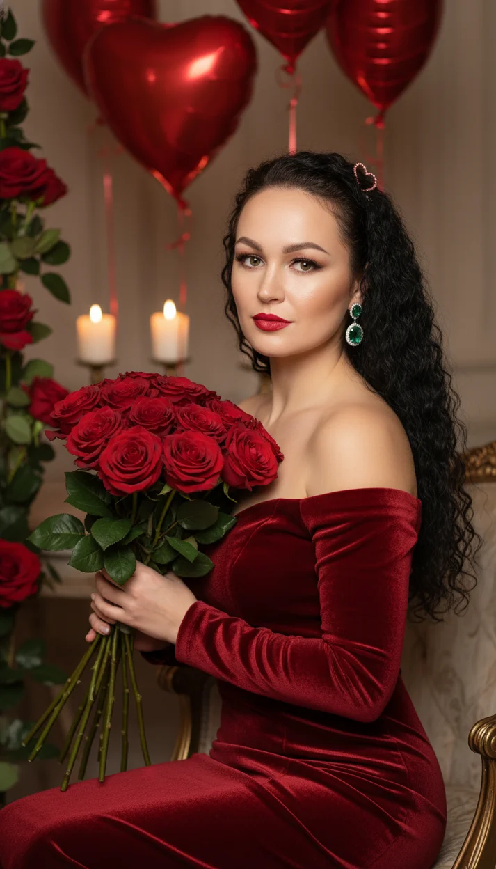  Женщина в интерьере с розами и шарами в красном платье 