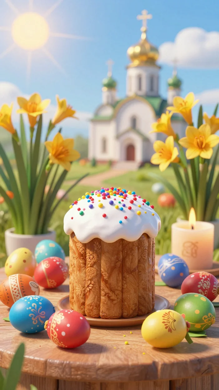 Светлая пасхальная композиция с куличом, цветами и храмом