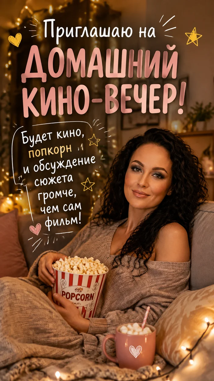Фотооткрытка домашний кино-вечер с текстом «Приглашаю на домашний кино-вечер! Будет кино, попкорн и обсуждение сюжета громче, чем сам фильм!»
