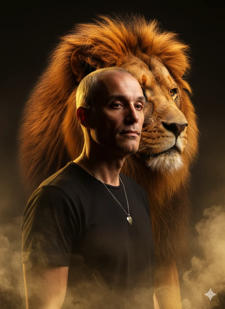 Мужчина в тёмной футболке на фоне головы льва за спиной