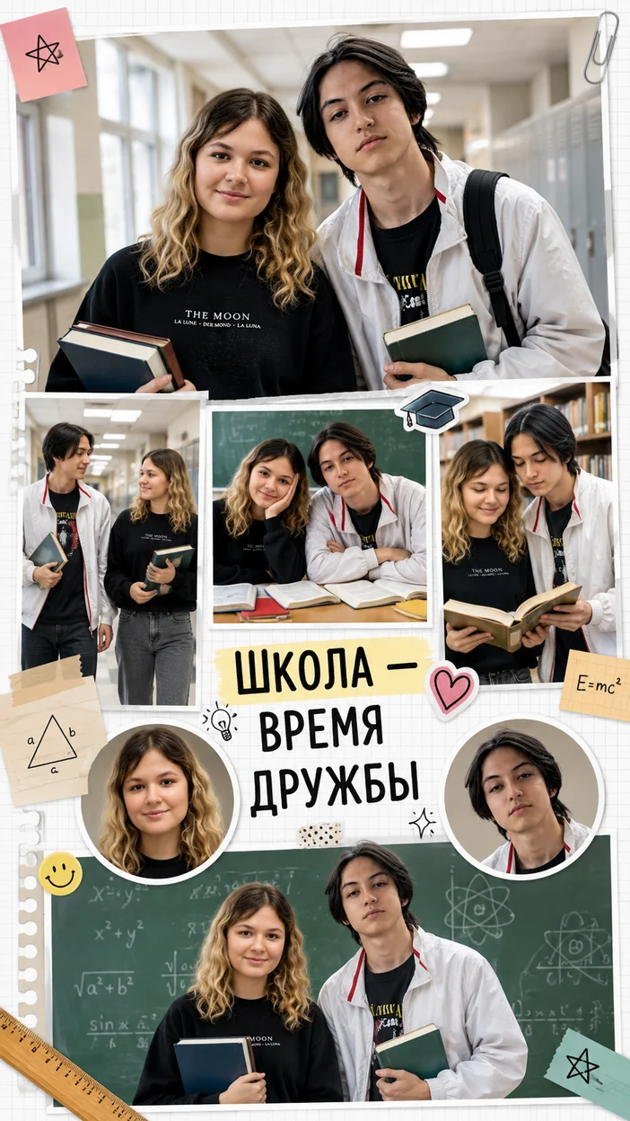 Фотосессия пары в динамичном школьном коллаже в коридоре