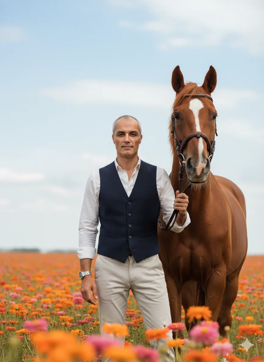 Мужчина в жилете в цветочном поле рядом с лошадью
