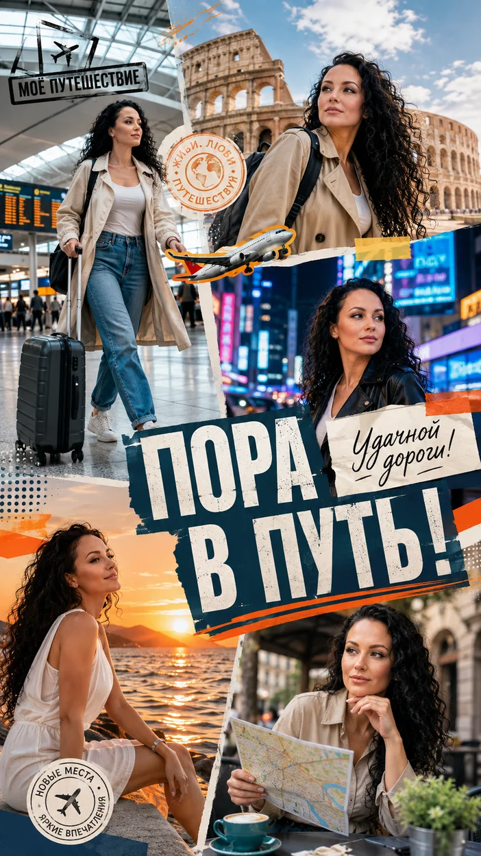 Яркий молодежный коллаж для друга с текстом "Пора в путь!"
