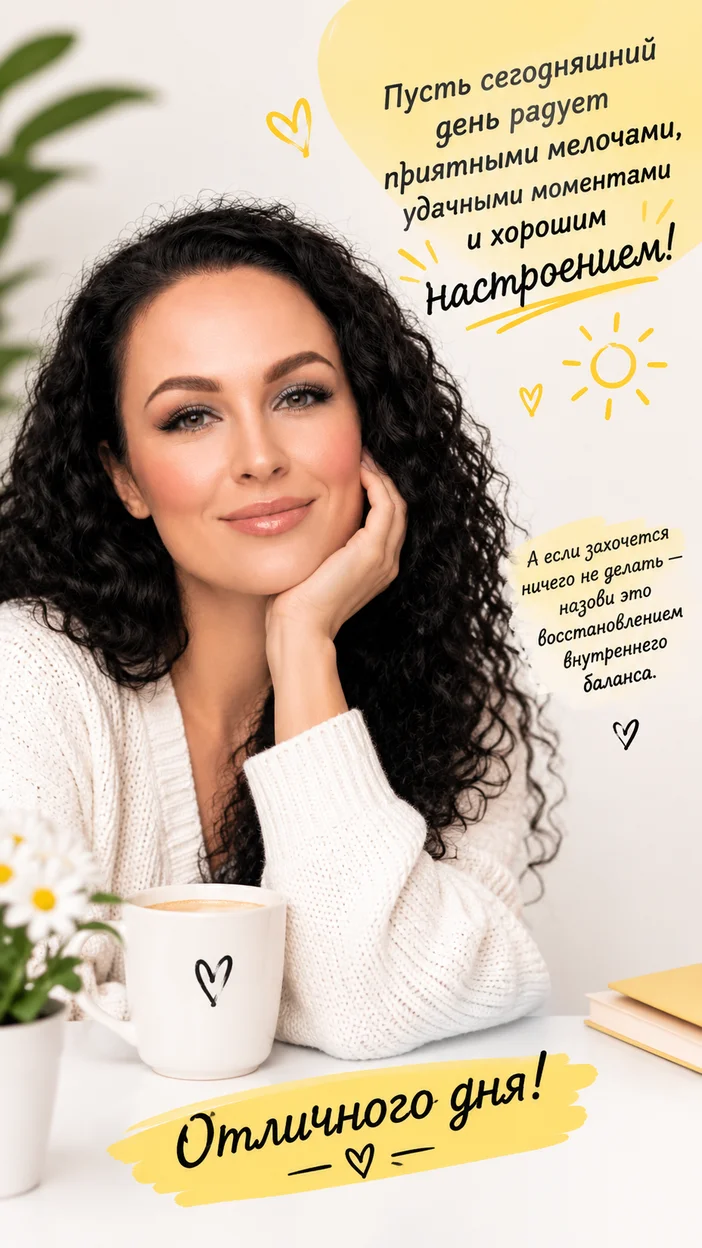Фотосессия лайфстайл открытка «Сегодня можно всё, кроме скуки» — девушка по референсу на переднем плане с минималистичным ярким фоном и текстом «Пусть сегодняшний день радует приятными мелочами, удачными моментами и хорошим настроением!
