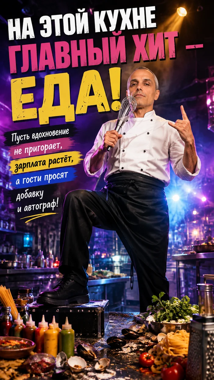 Праздничная фотооткрытка повару с текстом "НА ЭТОЙ КУХНЕ ГЛАВНЫЙ ХИТ — ЕДА!"