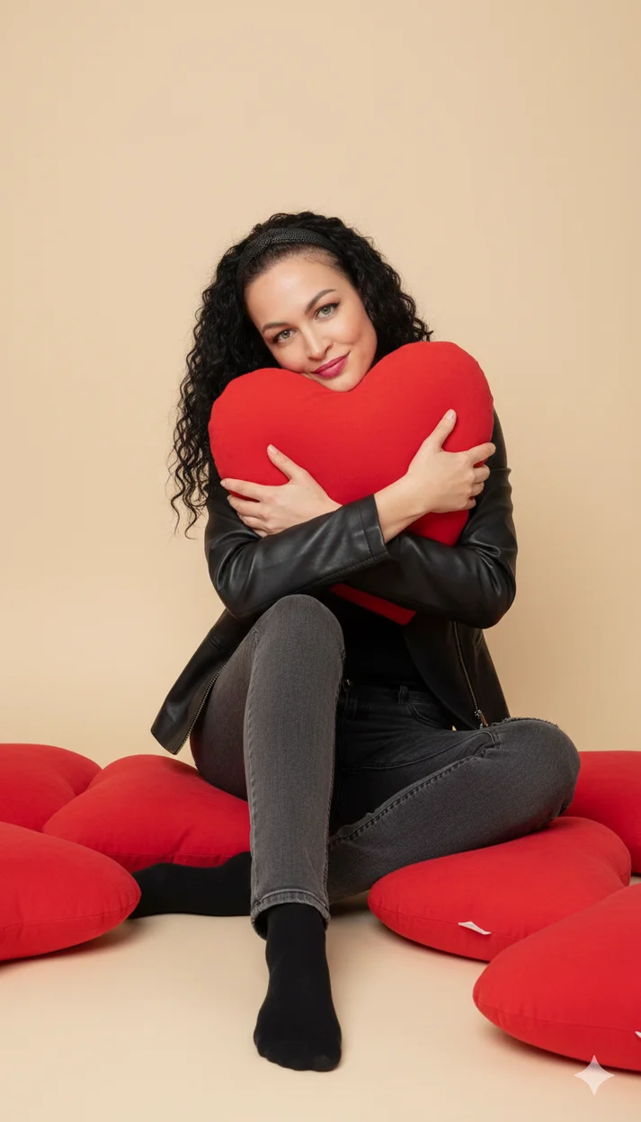 Девушка сидит на полу на мягкой  композиции из крупных красных плюшевых сердец
