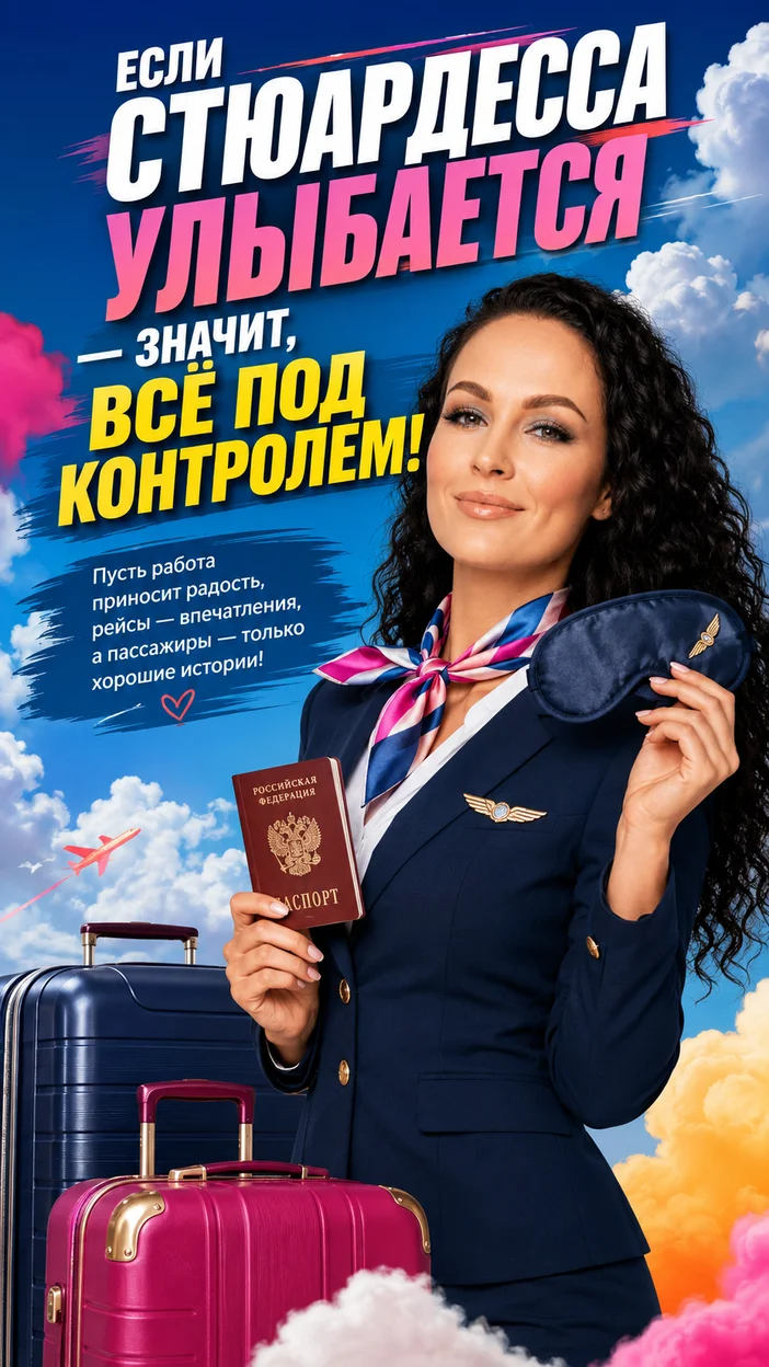 Фотооткрытка стюардессе с текстом "ЕСЛИ СТЮАРДЕССА УЛЫБАЕТСЯ — ЗНАЧИТ, ВСЁ ПОД КОНТРОЛЕМ!"