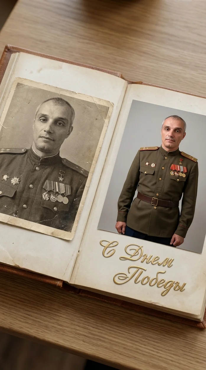 старая семейная фотокнига, разворот альбома 9 мая 
