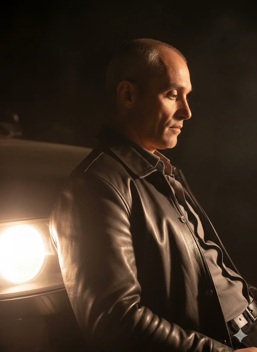 Мужчина в кожаной куртке у фары автомобиля