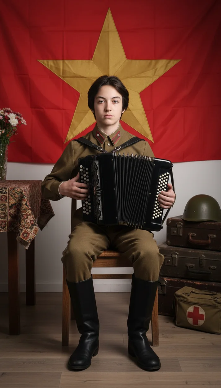  Ребёнок на стуле в военной форме с баяном 