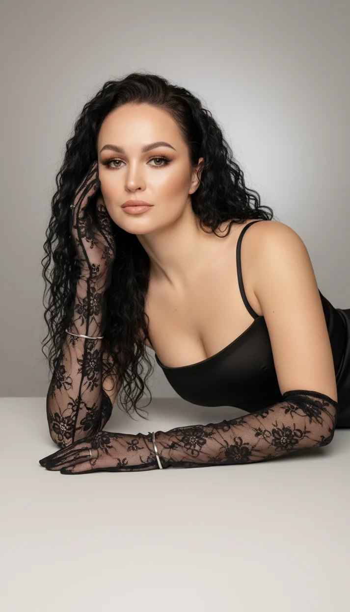 Девушка в чёрном платье и кружевных перчатках