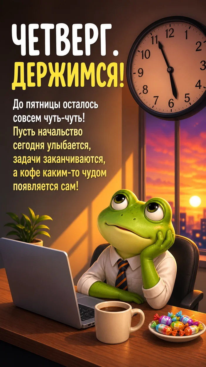 Фотооткрытка с лягушкой в офисе с текстом «ЧЕТВЕРГ. ДЕРЖИМСЯ!»