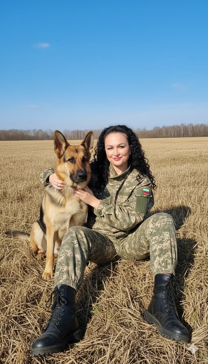Спокойный осенний портрет девушки в камуфляже, сидящей в поле и обнимающей немецкую овчарку при дневном свете
