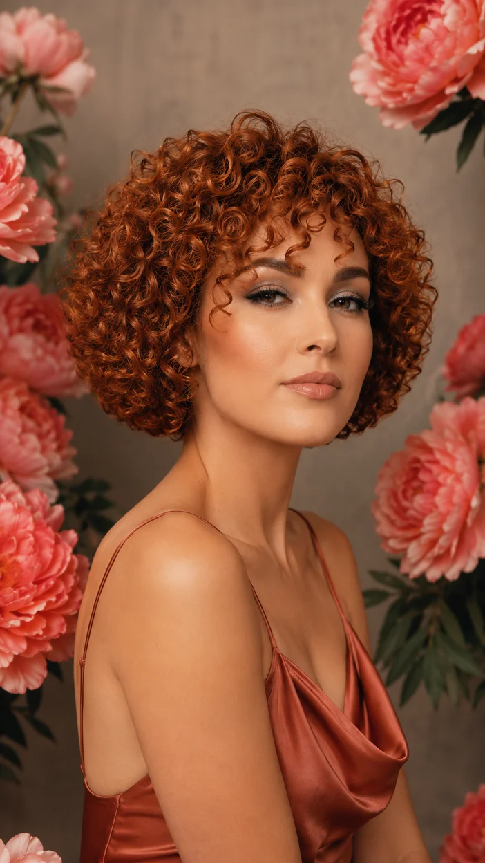 Фотосессия девушки в коротком кудрявом бобе у коралловых пионов