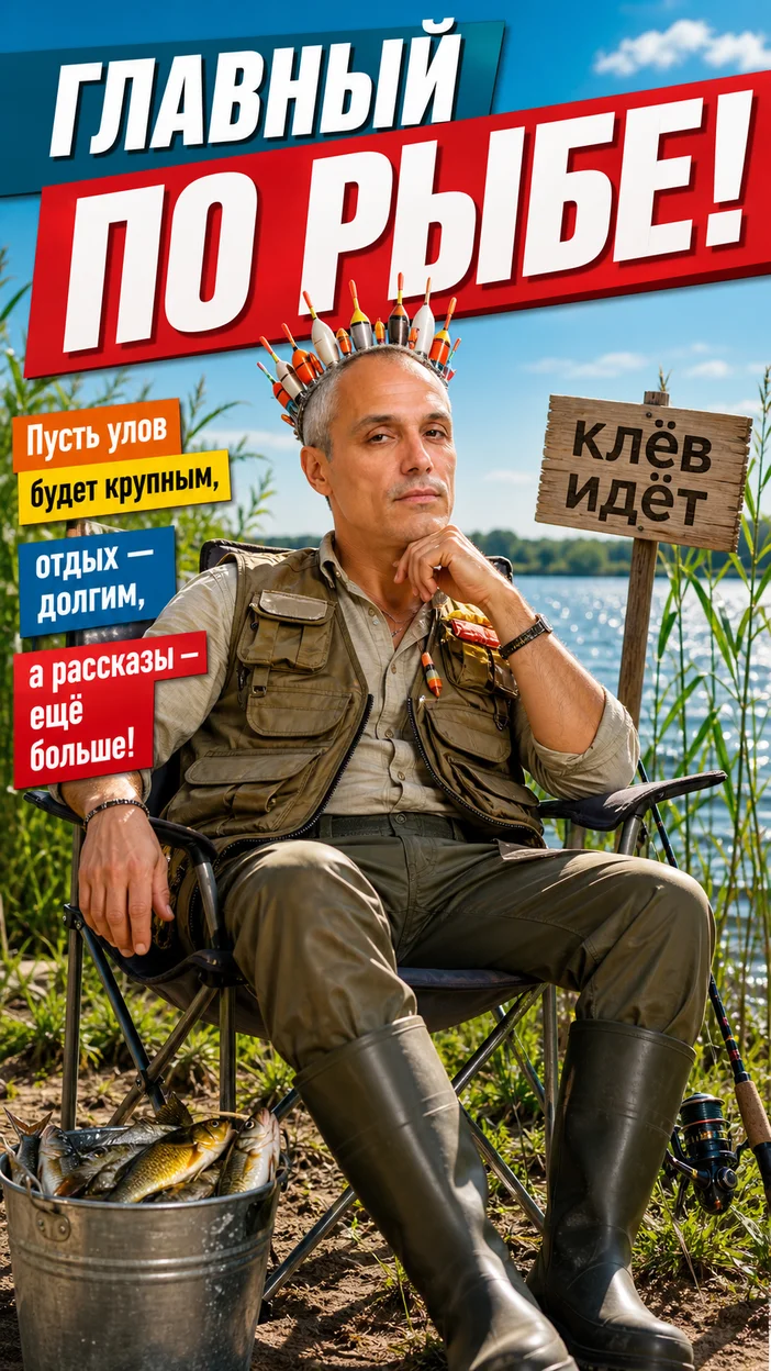 Фотооткрытка начальнику рыбного отдела с текстом "ГЛАВНЫЙ ПО РЫБЕ!"