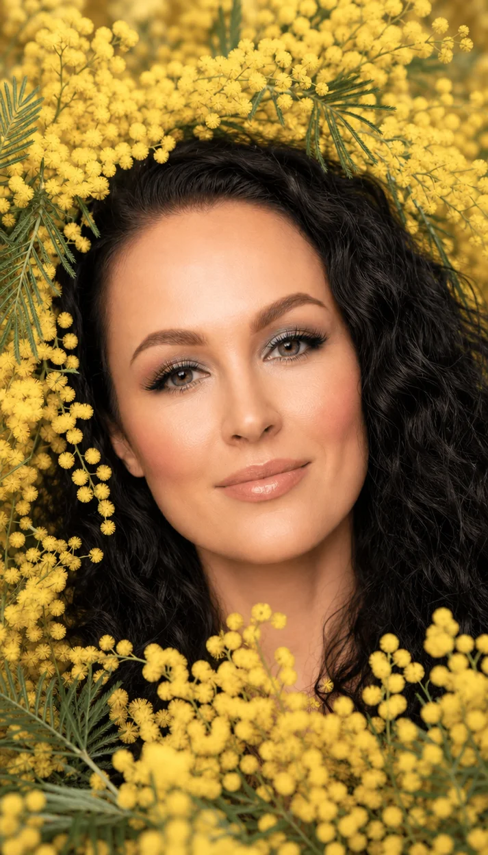 Фотосессия девушки с мимозой в beauty-портрете