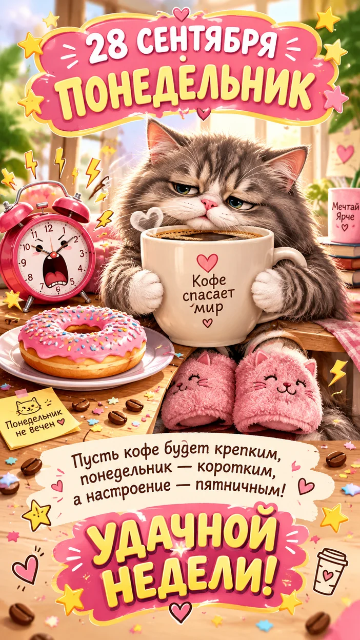 Фотосессия вертикальная открытка Pinterest с пушистым котом в гигантских тапочках и кружкой кофе для 28 сентября — праздничный баннер 