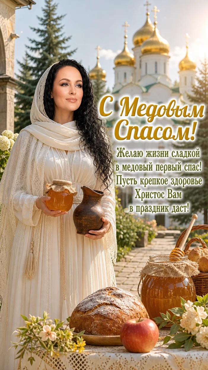 Фотосессия женщины в храмовом дворике с банкой мёда