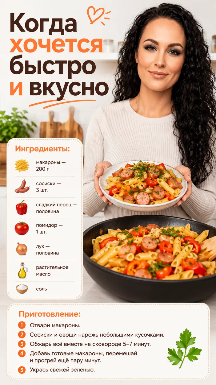 Фотосессия быстрых макарон с сосисками и овощами