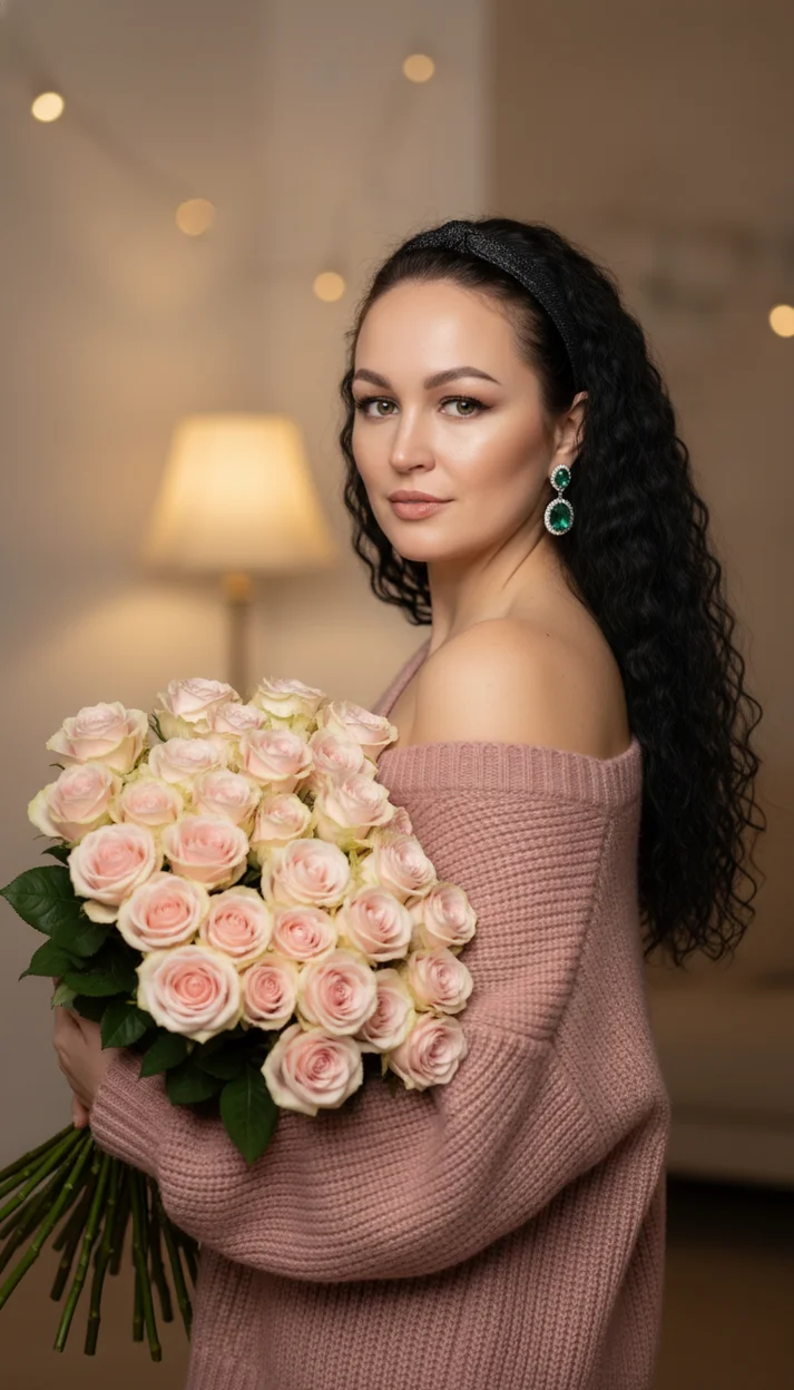  Нежный портрет с букетом роз в мягком интерьере