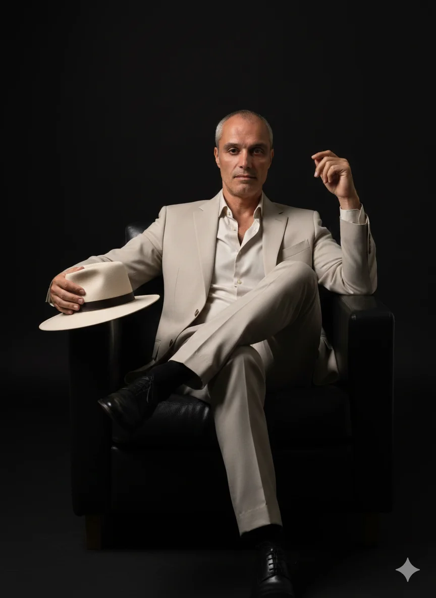 Мужчина в светлом костюме сидит в кресле с шляпой