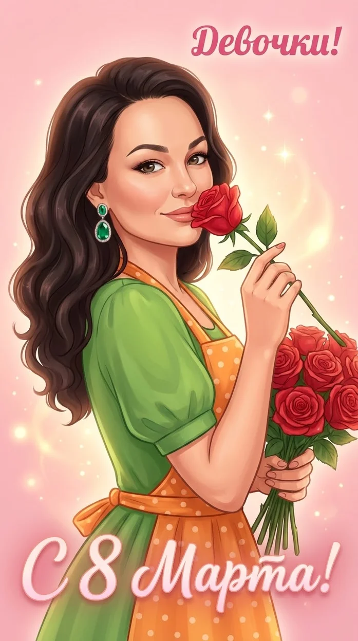 Женский портрет с вашим фото  в стиле мягкой романтичной рисованной открытки на 8 Марта 
