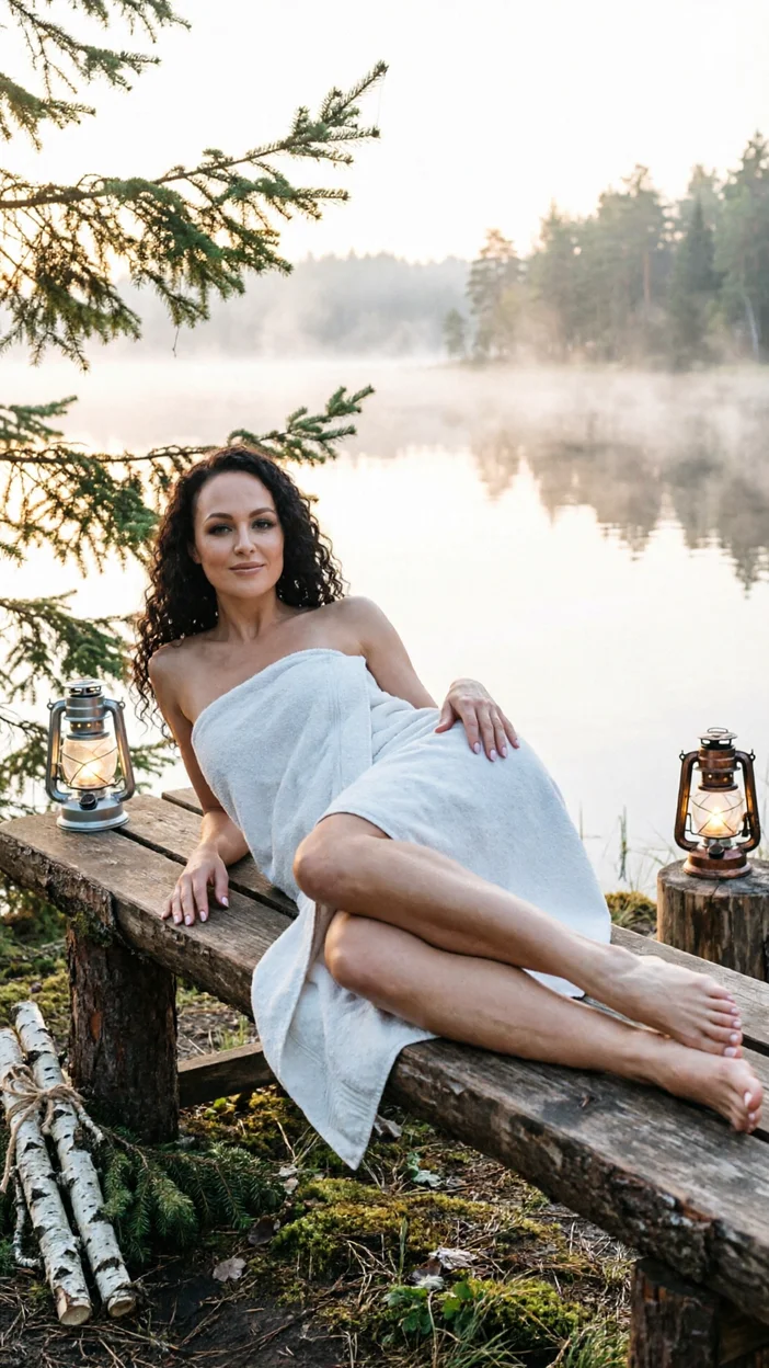 Фотосессия в сауне у лесного озера