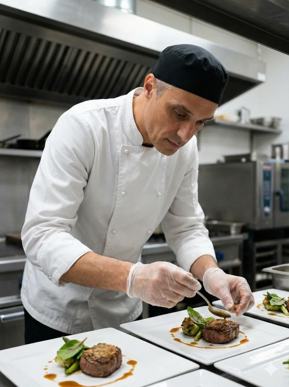 Шеф-повар в белом кителе и чёрной поварской шапке сервирует блюда 