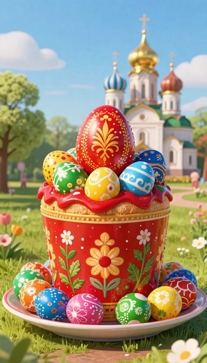 Пасхальный кулич с яркими яйцами и собором